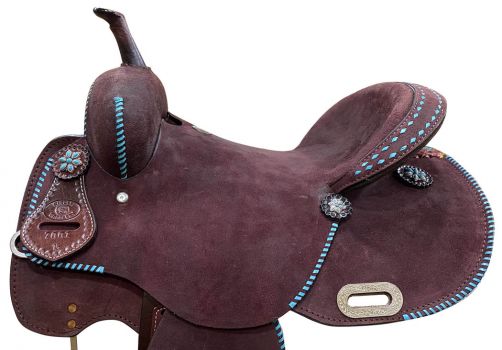 15" CIRCLE S Barrel style saddle with Teal buck stitch accents #2